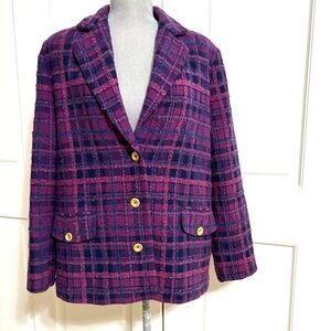 Harvé Benard Purple Plaid Tweed Blazer Jacket Women’s Size 12 Wool Blend